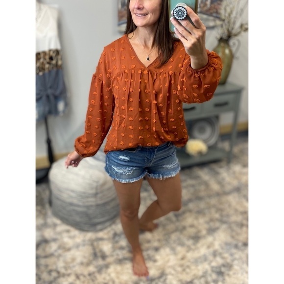 Swiss Dot Long Bubble Sleeve V-Neck Floaty Top Rust 3521 - Picture 3 of 9